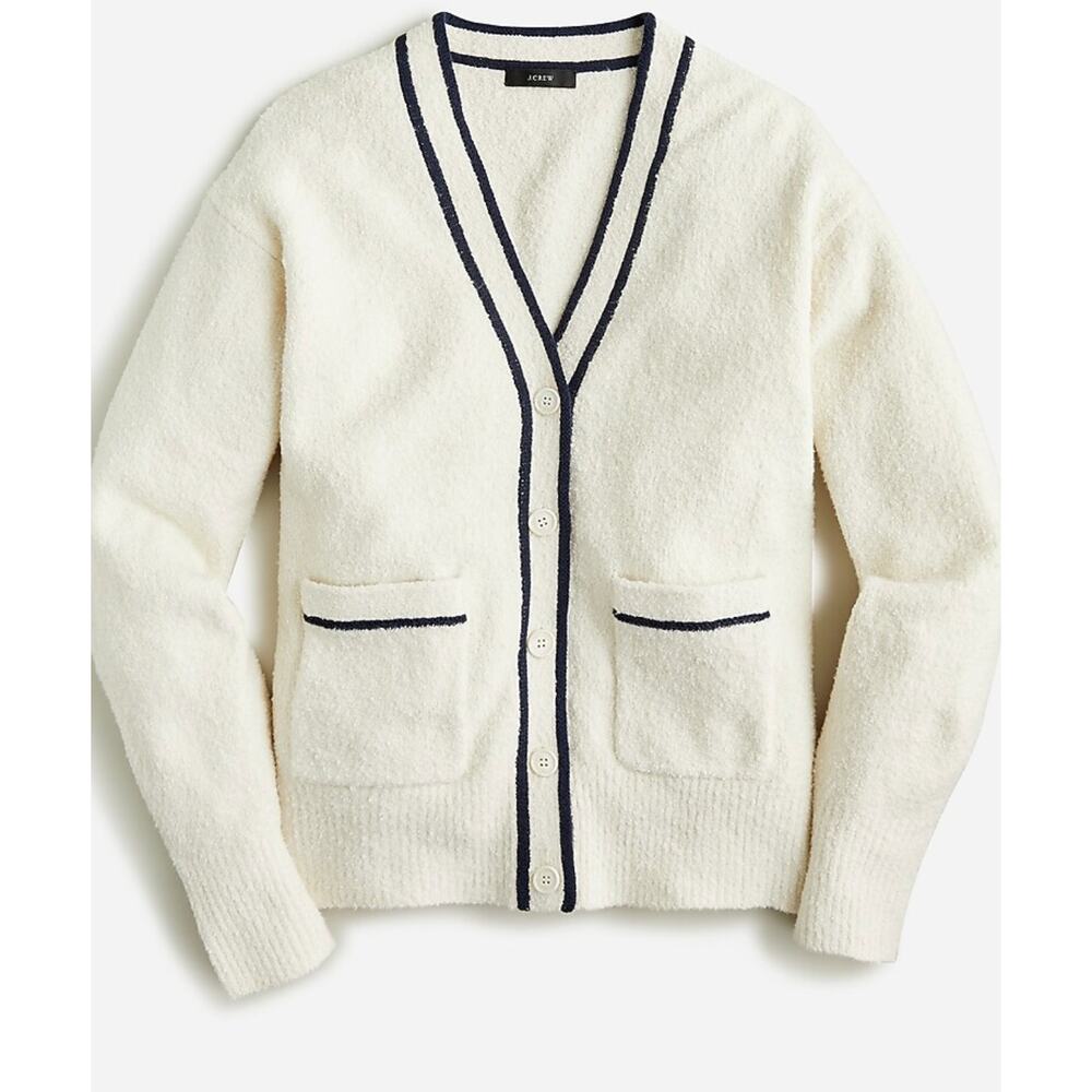 J Crew Boucle V Neck Cardigan Sweater L White Navy Blue Tennis Prep BJ599 J.Crew